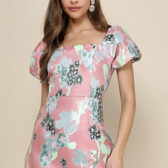 Lulus Dresses & Skirts - NWT Lulus So Stunning Coral Pink Floral Jacquard Puff Sleeve Mini Dress (sz SM)